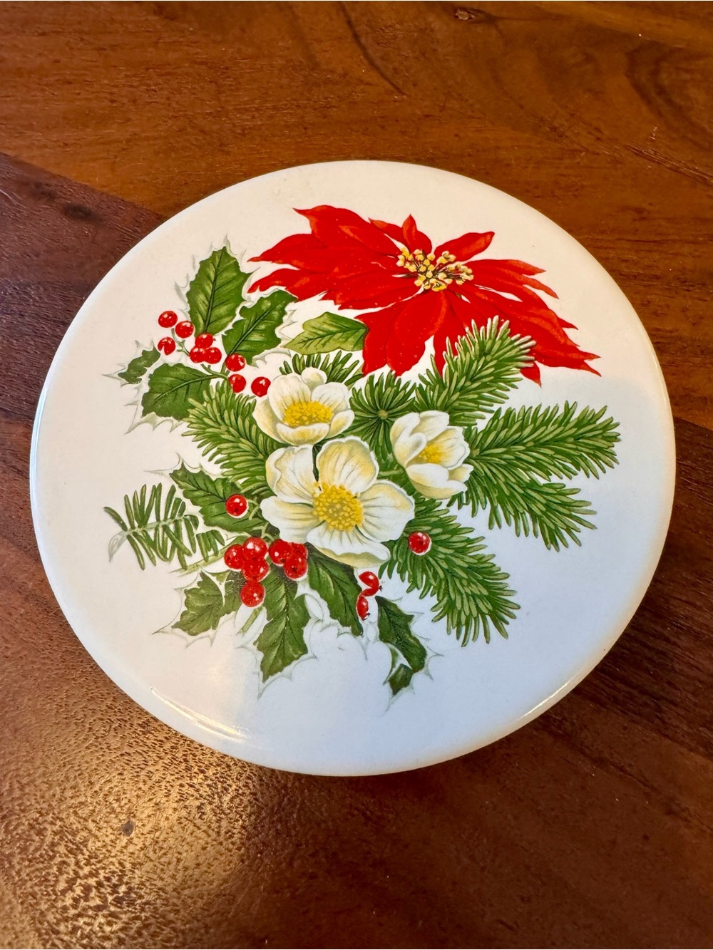 VTG Hyalyn Pottery Christmas Trivet Wall Art Hot Pad Holly Berry Poinsettia USA